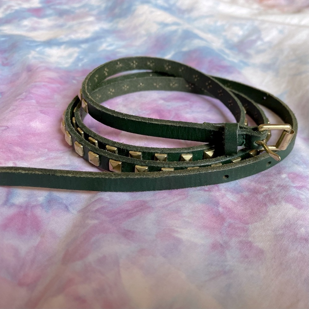 J. Crew Studded Green Leather Skinny Belt